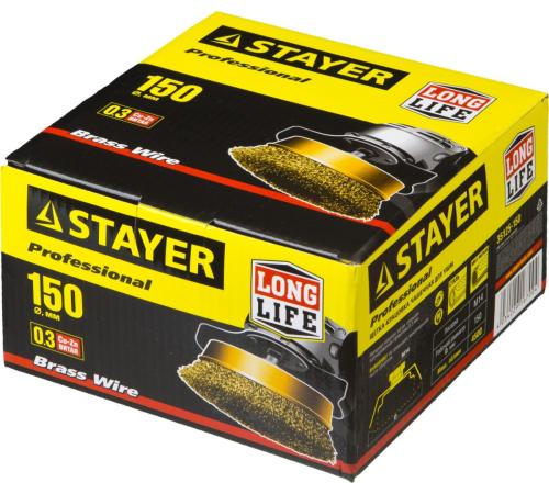 STAYER 150 мм, витая стальная латунированная проволока 0.3 мм, чашечная щетка-крацовка для УШМ, Professional (35125-150)