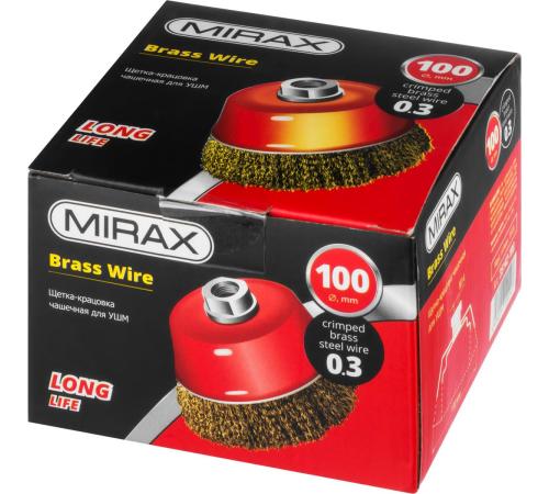 MIRAX 100 мм, витая стальная латунированная проволока 0.3 мм, чашечная щетка-крацовка для УШМ (35142-100)