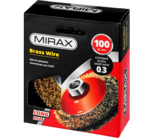 MIRAX 100 мм, витая стальная латунированная проволока 0.3 мм, коническая щетка-крацовка для УШМ (35143-100)