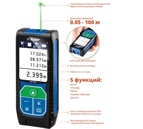 ЗУБР ДЛ-100, 100 м, лазерный дальномер, Профессионал (34923)