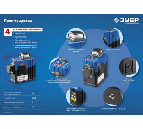 ЗУБР КРЕСТ 2D, №2, 20 - 70 м, лазерный нивелир, Профессионал (34907-2)