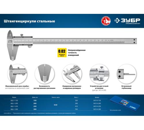 ЗУБР ШЦ-1-250, 250 мм, стальной штангенциркуль, Профессионал (34514-250)