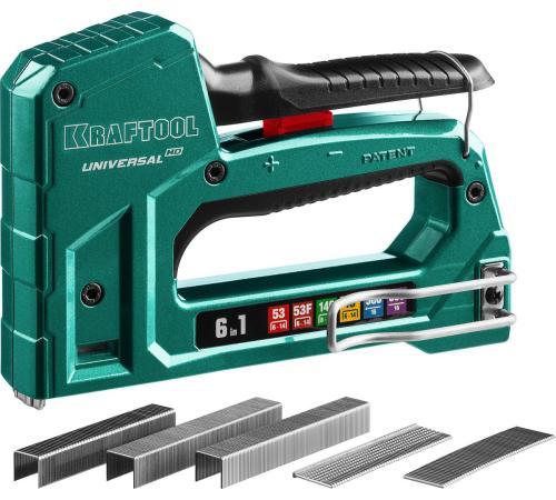 KRAFTOOL Universal-HD, 6-в-1: 53 (A/10/JT21) 23GA (6 - 14 мм)/140 (G/11/57) 20GA (8 - 14 мм)/13/53F/300/500, универсальный алюминиевый степлер (3188)