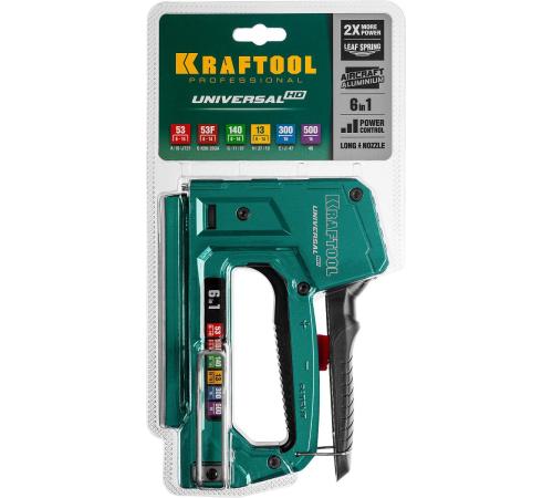 KRAFTOOL Universal-HD, 6-в-1: 53 (A/10/JT21) 23GA (6 - 14 мм)/140 (G/11/57) 20GA (8 - 14 мм)/13/53F/300/500, универсальный алюминиевый степлер (3188)