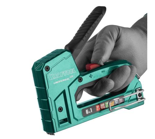 KRAFTOOL Universal-HD, 6-в-1: 53 (A/10/JT21) 23GA (6 - 14 мм)/140 (G/11/57) 20GA (8 - 14 мм)/13/53F/300/500, универсальный алюминиевый степлер (3188)