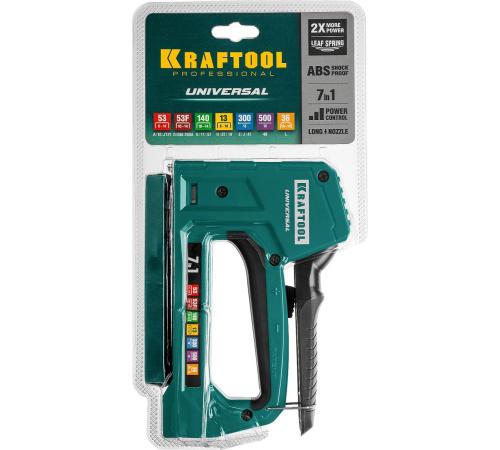 KRAFTOOL Universal, 7-в-1: 53 (A/10/JT21) 23GA (6 - 14 мм)/140 (G/11/57) 20GA (8 - 14 мм)/13/53F/36/500, универсальный легкий степлер (31524)