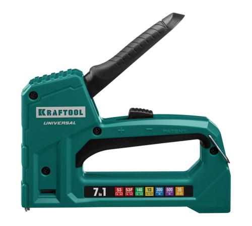 KRAFTOOL Universal, 7-в-1: 53 (A/10/JT21) 23GA (6 - 14 мм)/140 (G/11/57) 20GA (8 - 14 мм)/13/53F/36/500, универсальный легкий степлер (31524)