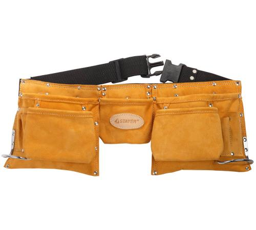 STAYER кожаный, 2 скобы, пояс для инструментов с 11 карманами, Professional (38520)