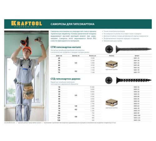 KRAFTOOL СГД, 40 х 3.5 мм, фосфатированное покрытие, 4500 шт (9,01 кг.), саморез гипсокартон-дерево (3005-40)