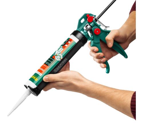 KRAFTOOL EXPERT 4-in-1 310 мл, антикапельная система, регулировка силы давления, усиленный скелетный поворотный пистолет для герметика (06675)